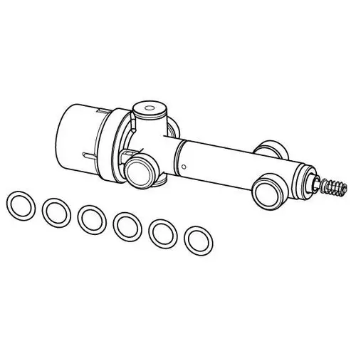 Zeichnung eines Uponor-3-Wege-Reglers mit angeschlossenem Ventil. Sechs O-Ringe sind daneben abgebildet.